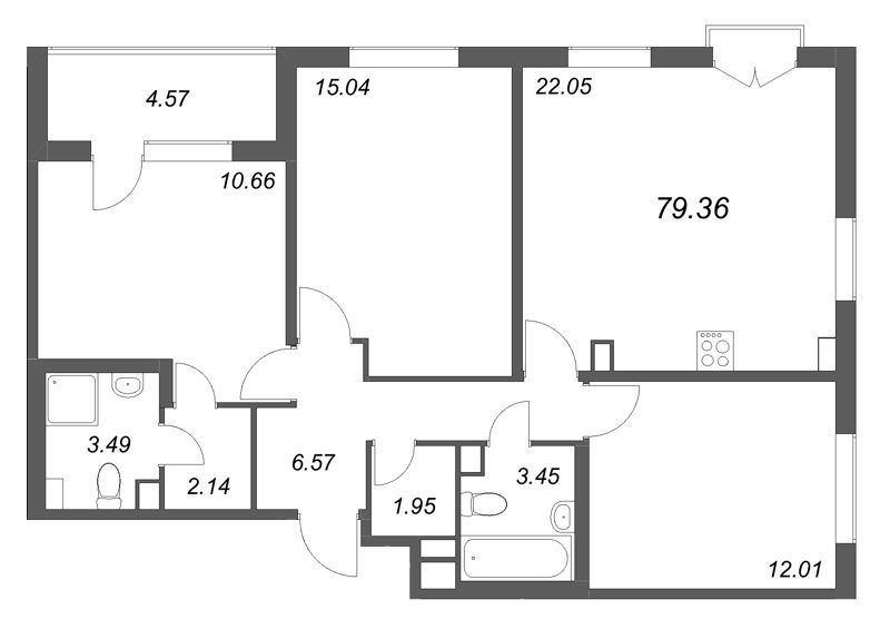 4-комнатная (Евро) квартира, 79.36 м² в ЖК "Любоград" - планировка, фото №1