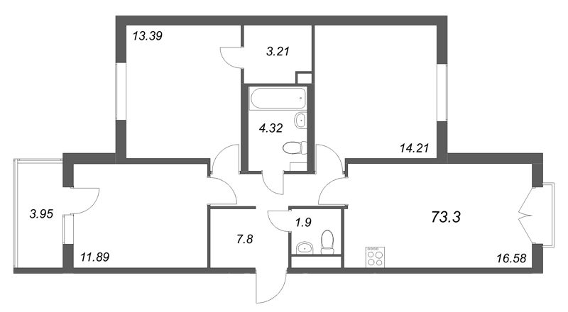 4-комнатная (Евро) квартира, 73.3 м² в ЖК "Любоград" - планировка, фото №1