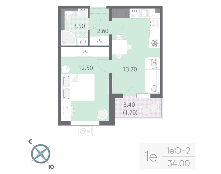 1-комнатная квартира, 34 м² в ЖК "Зеркальный ручей" - планировка, фото №1