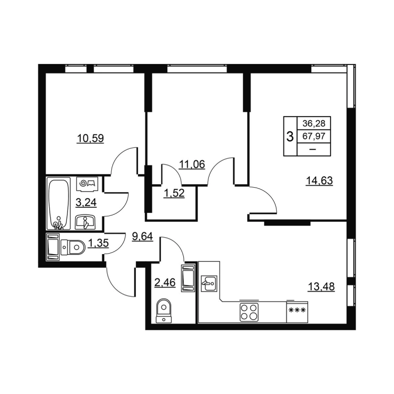 3-комнатная квартира, 67.97 м² в ЖК "Высота. Новодевяткино" - планировка, фото №1