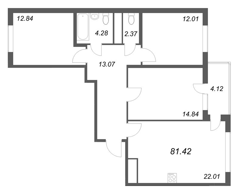 4-комнатная (Евро) квартира, 81.42 м² в ЖК "Ясно.Янино" - планировка, фото №1