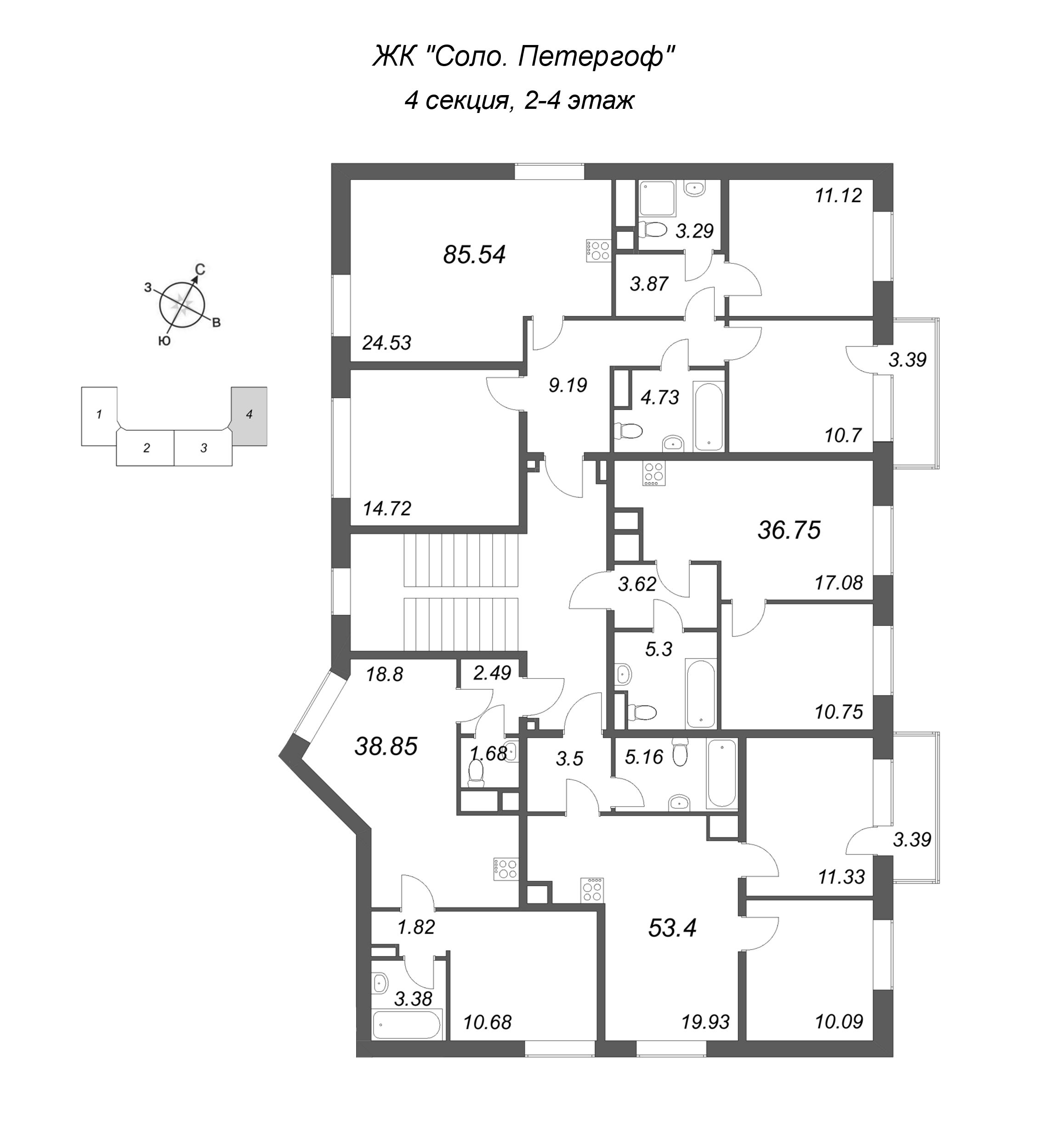2-комнатная (Евро) квартира, 36.75 м² в ЖК "Соло. Петергоф" - планировка этажа