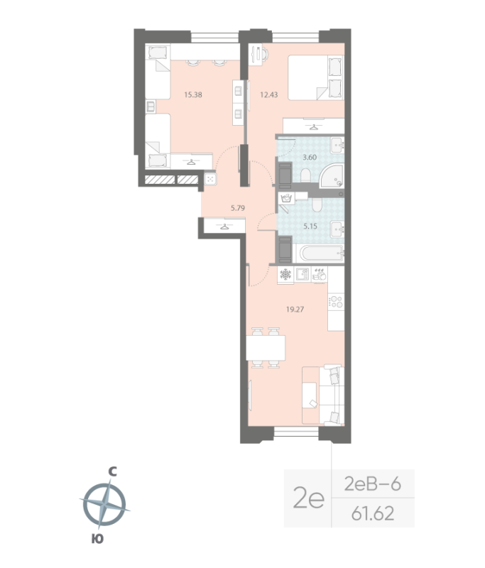 3-комнатная (Евро) квартира, 61.62 м² в ЖК "Цивилизация на неве" - планировка, фото №1