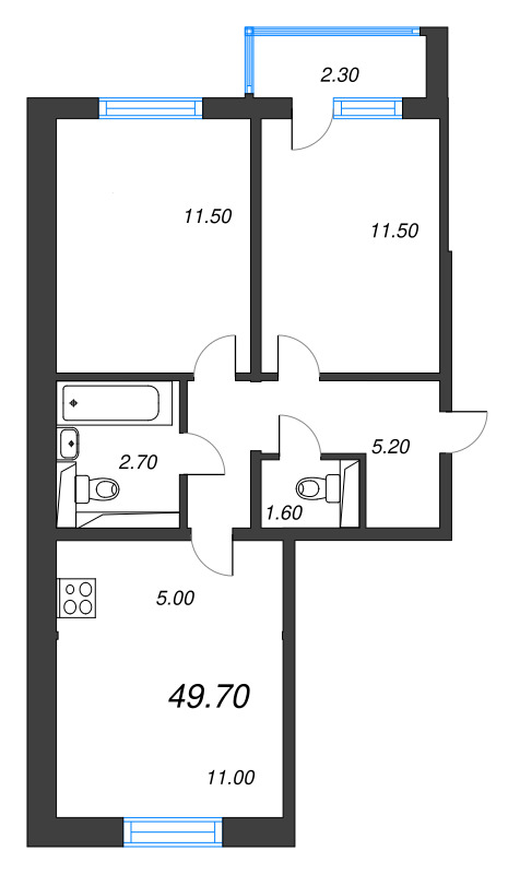 3-комнатная (Евро) квартира, 49.7 м² в ЖК "ЛСР. Ржевский парк" - планировка, фото №1