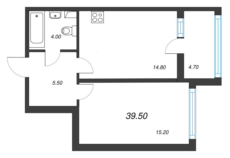 1-комнатная квартира, 39.5 м² - планировка, фото №1