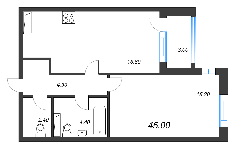 2-комнатная (Евро) квартира, 45 м² - планировка, фото №1
