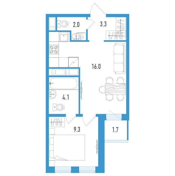 2-комнатная (Евро) квартира, 35.6 м² - планировка, фото №1