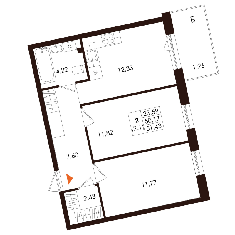 2-комнатная квартира, 51.43 м² - планировка, фото №1