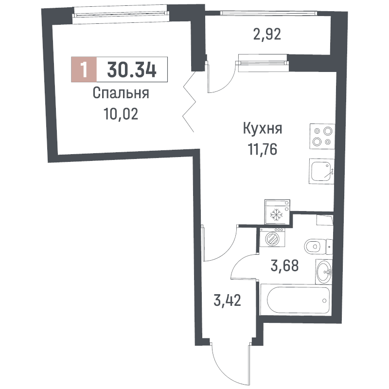 1-комнатная квартира, 30.34 м² - планировка, фото №1