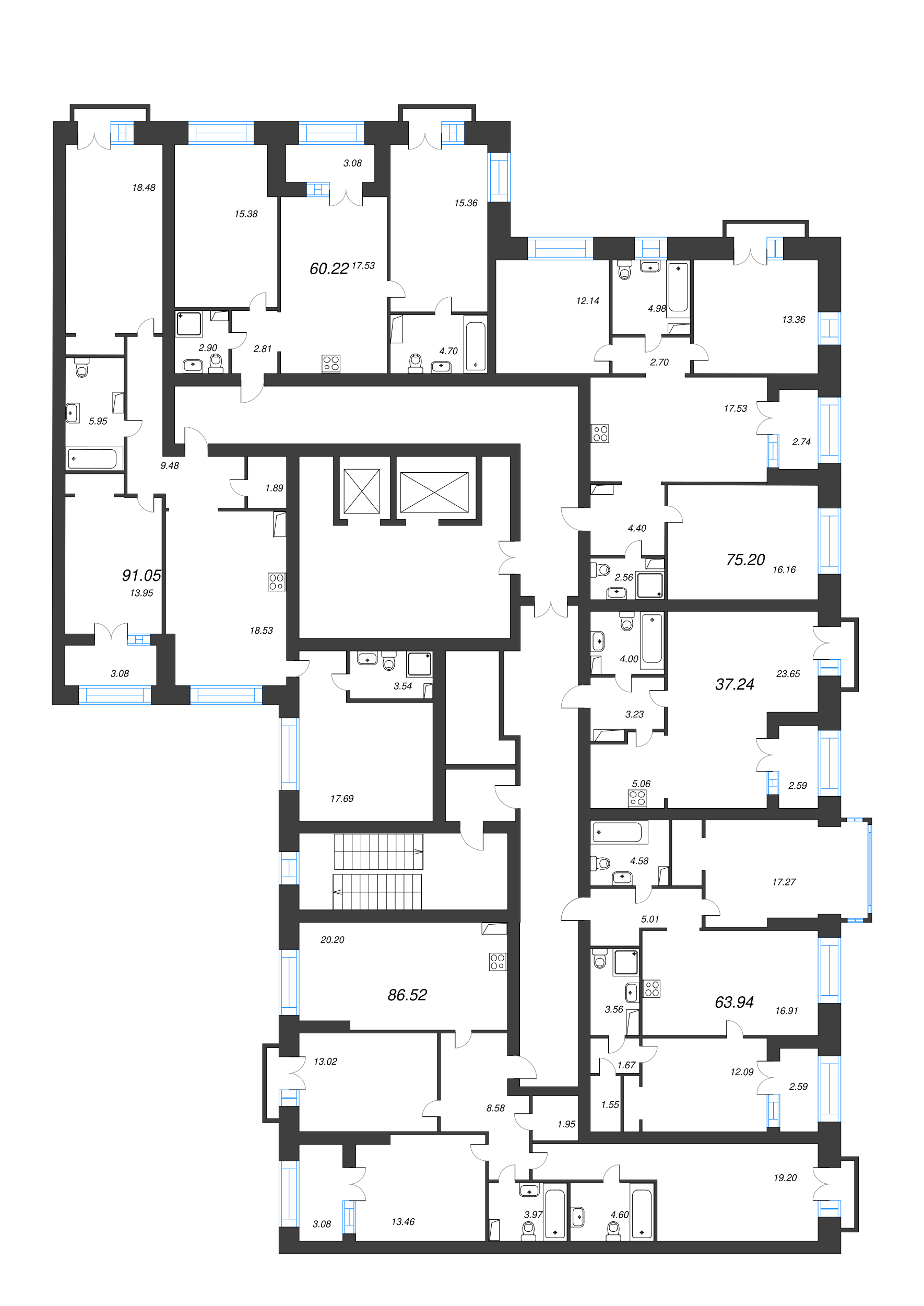 3-комнатная квартира, 75.2 м² в ЖК "Наука" - планировка этажа