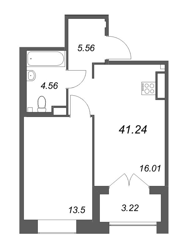 2-комнатная (Евро) квартира, 41.24 м² - планировка, фото №1