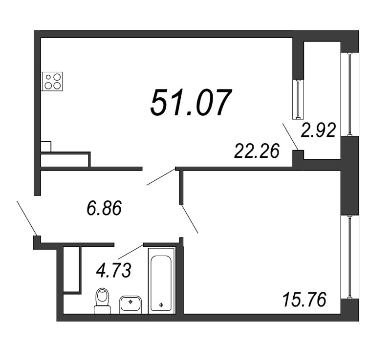 2-комнатная (Евро) квартира, 51.07 м² - планировка, фото №1