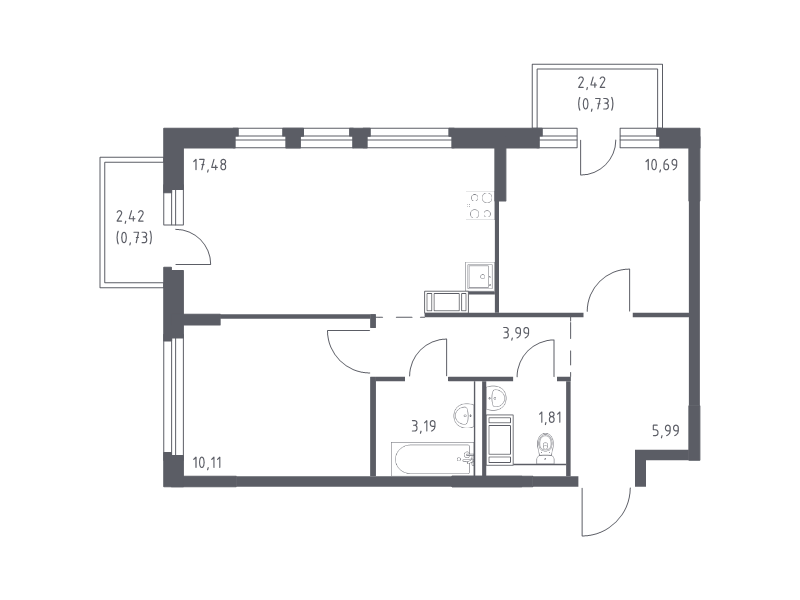 3-комнатная (Евро) квартира, 54.72 м² в ЖК "Новое Колпино" - планировка, фото №1