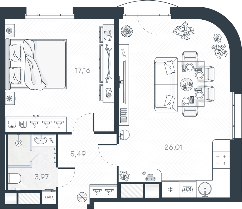 2-комнатная (Евро) квартира, 53.14 м² в ЖК "MONODOM-ART" - планировка, фото №1