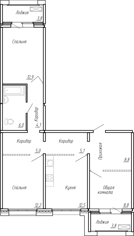 3-комнатная квартира, 83 м² в ЖК "Сибирь" - планировка, фото №1