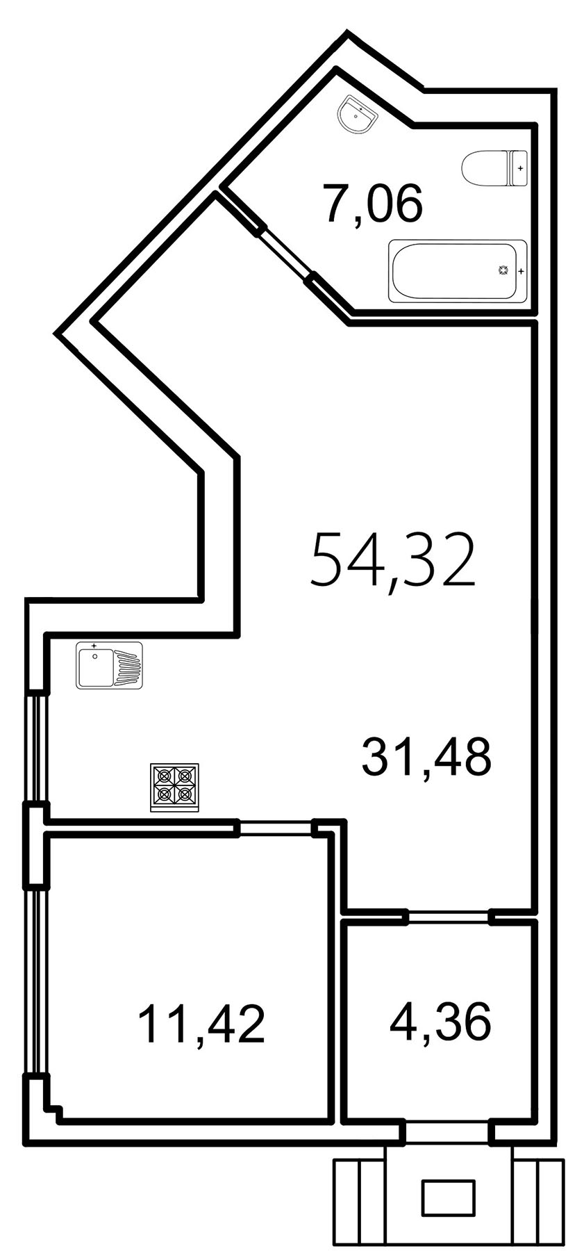 1-комнатная квартира, 54.3 м² - планировка, фото №1