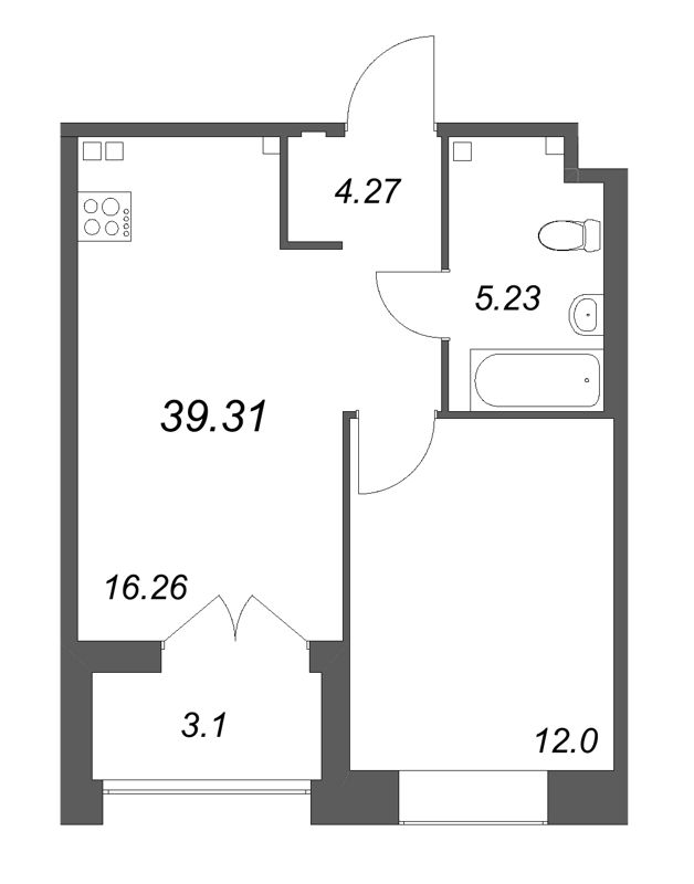 2-комнатная (Евро) квартира, 39.31 м² в ЖК "Ranta Residence" - планировка, фото №1