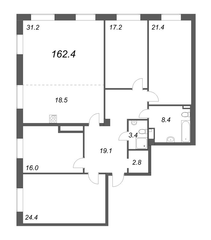 5-комнатная (Евро) квартира, 163.1 м² - планировка, фото №1