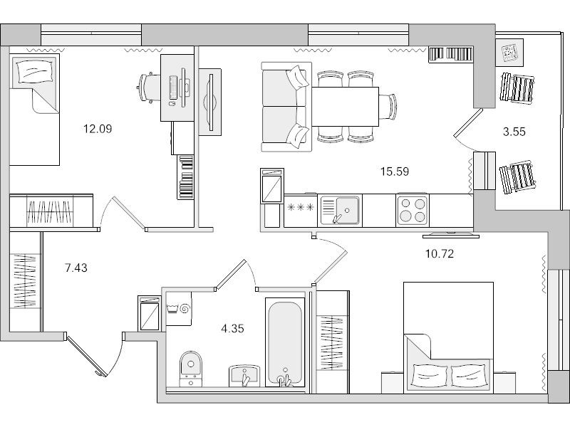 3-комнатная (Евро) квартира, 53.73 м² - планировка, фото №1