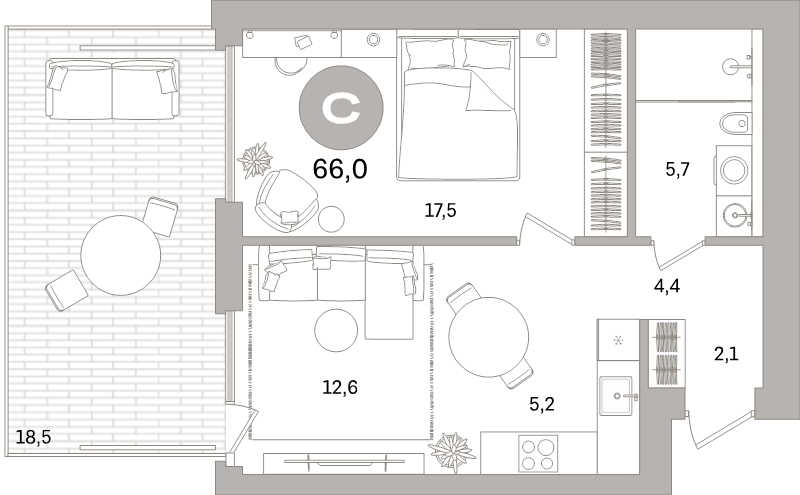 2-комнатная (Евро) квартира, 66 м² в ЖК "Северный ветер" - планировка, фото №1