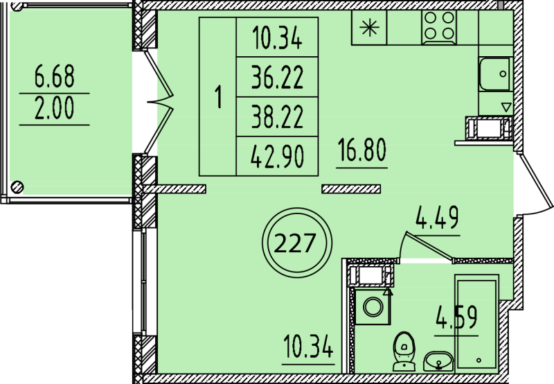 2-комнатная (Евро) квартира, 36.22 м² - планировка, фото №1