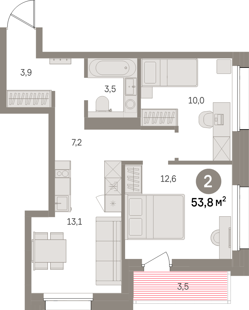 3-комнатная (Евро) квартира, 53.8 м² в ЖК "Северный ветер" - планировка, фото №1