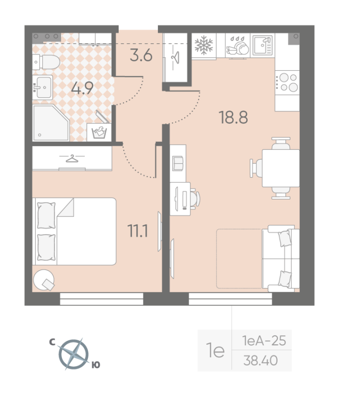 2-комнатная (Евро) квартира, 38.4 м² в ЖК "Пулково Lake" - планировка, фото №1
