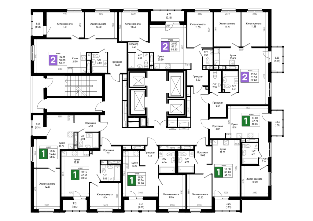 3-комнатная (Евро) квартира, 59.33 м² в ЖК "Имена" - планировка этажа