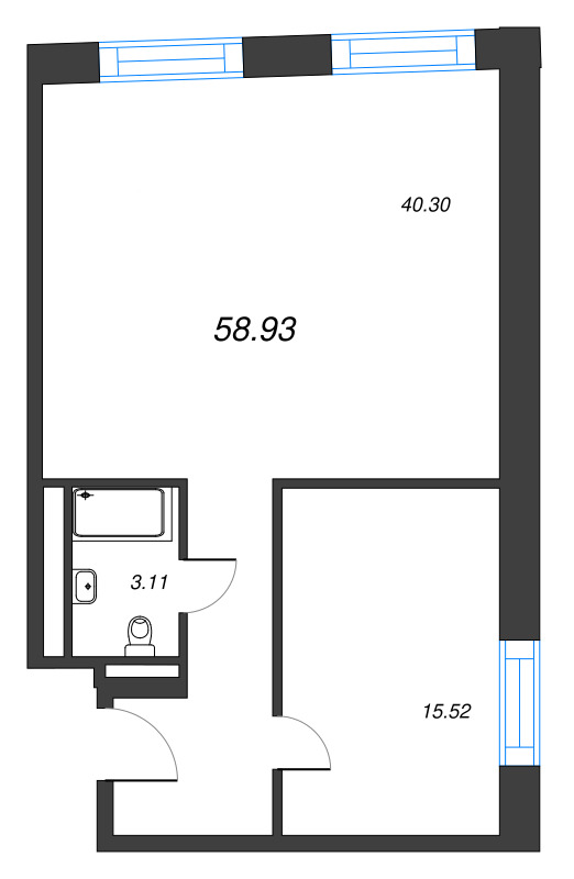 2-комнатная (Евро) квартира, 58.93 м² - планировка, фото №1