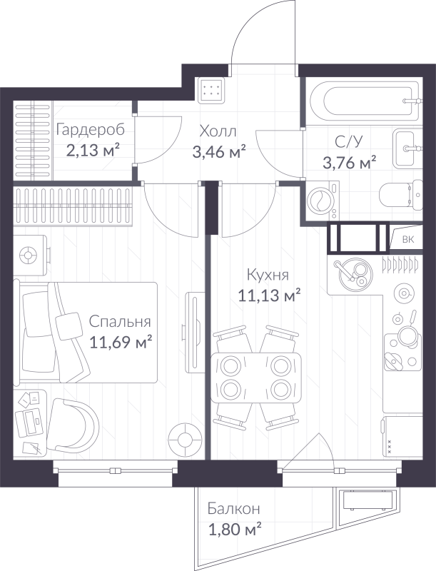 1-комнатная квартира, 32.71 м² в ЖК "VEREN NORT сертолово" - планировка, фото №1