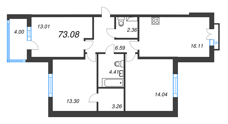4-комнатная (Евро) квартира, 73.08 м² в ЖК "Любоград" - планировка, фото №1