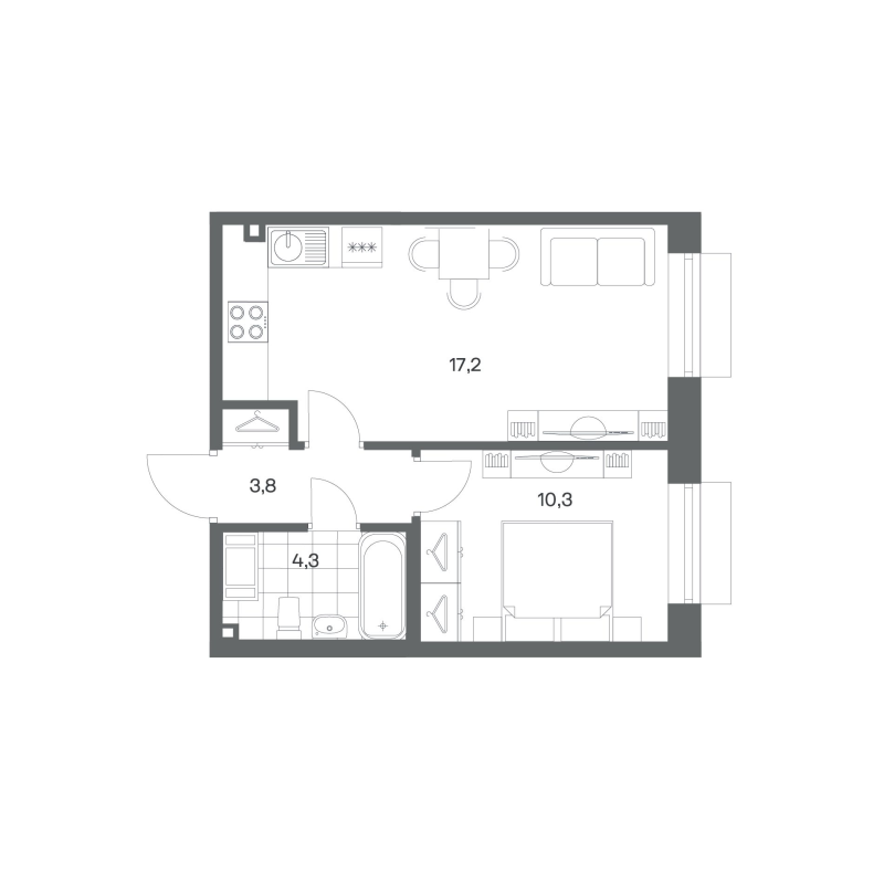 2-комнатная (Евро) квартира, 35.6 м² в ЖК "Парусная 1" - планировка, фото №1