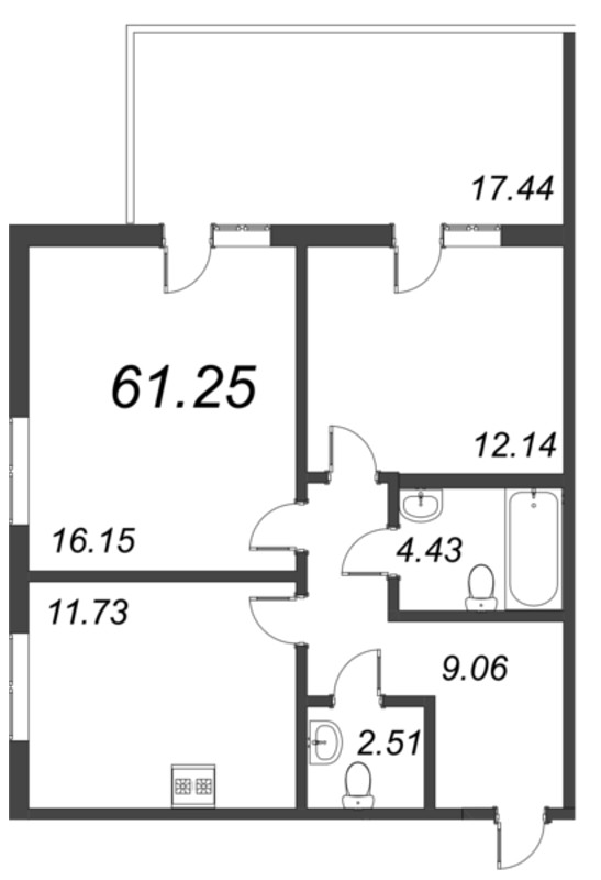 2-комнатная квартира, 61.25 м² - планировка, фото №1