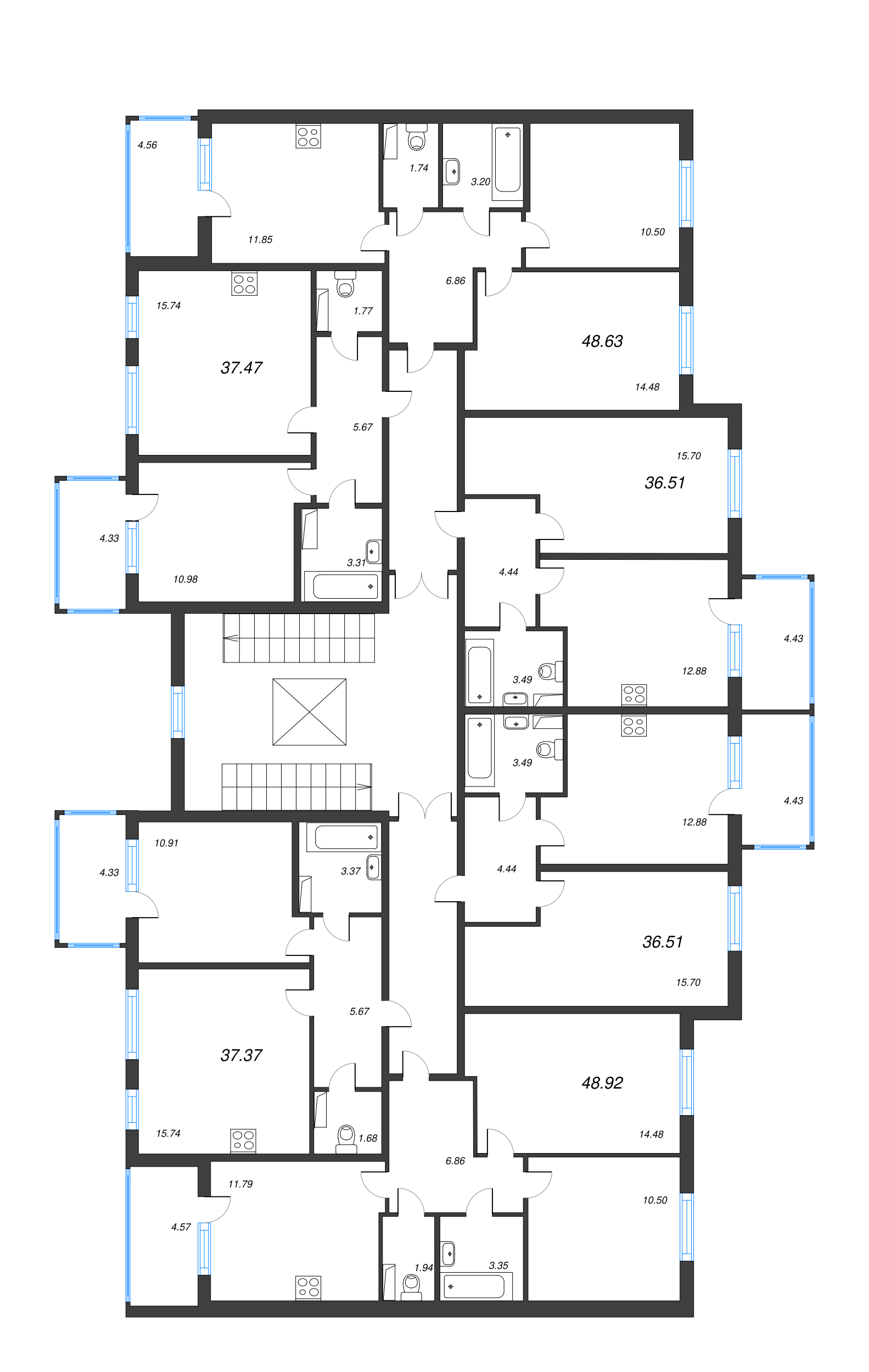 2-комнатная (Евро) квартира, 37.47 м² - планировка этажа