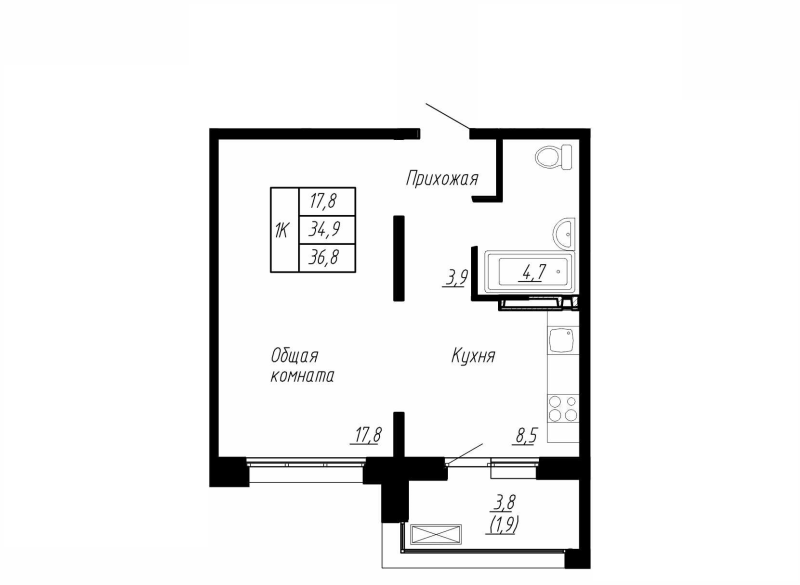 1-комнатная квартира, 36.8 м² в ЖК "Сибирь" - планировка, фото №1