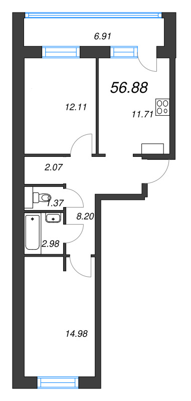 2-комнатная квартира, 56.88 м² - планировка, фото №1