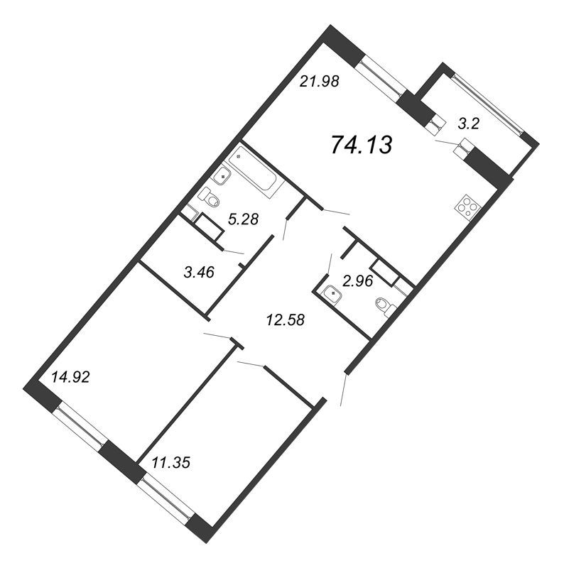 3-комнатная (Евро) квартира, 74.13 м² в ЖК "Modum" - планировка, фото №1