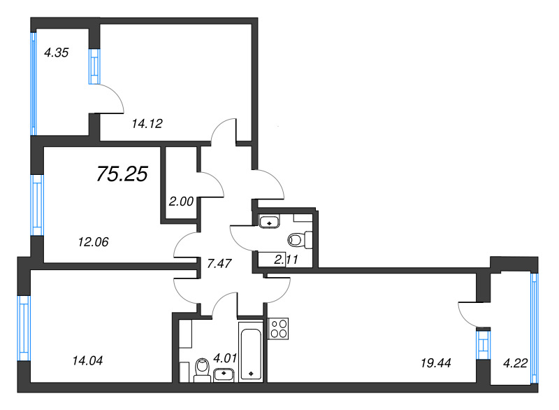 4-комнатная (Евро) квартира, 75.25 м² - планировка, фото №1