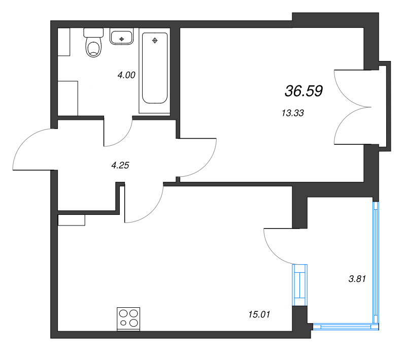 2-комнатная (Евро) квартира, 36.59 м² в ЖК "Любоград" - планировка, фото №1