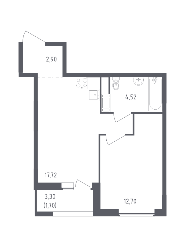 2-комнатная (Евро) квартира, 39.54 м² - планировка, фото №1