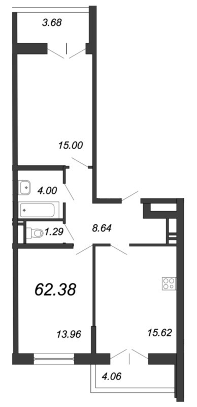 3-комнатная (Евро) квартира, 62.6 м² в ЖК "Магеллан" - планировка, фото №1