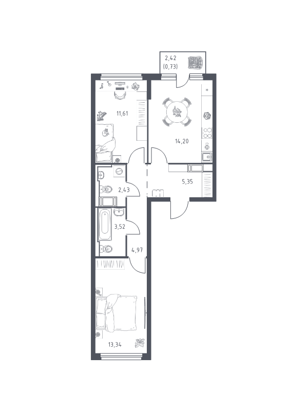 2-комнатная квартира, 56.15 м² в ЖК "Новое Колпино" - планировка, фото №1