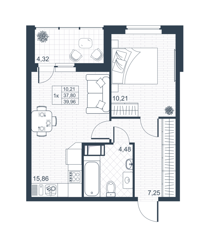 2-комнатная (Евро) квартира, 39.96 м² в ЖК "Ново-Антропшино" - планировка, фото №1