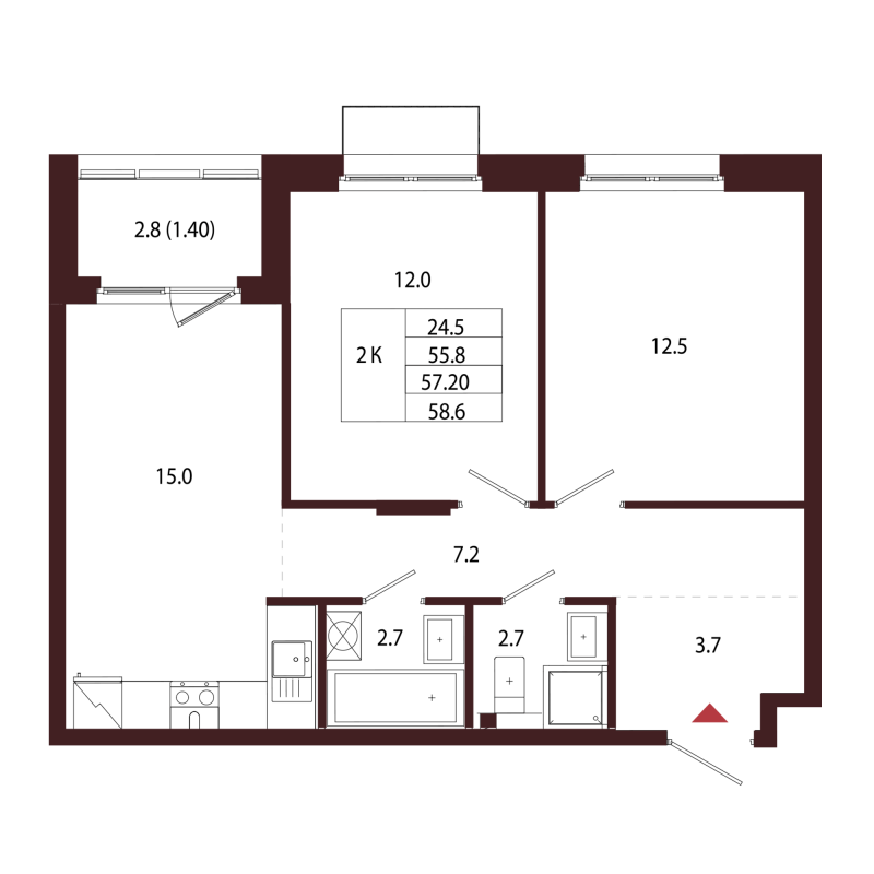 3-комнатная (Евро) квартира, 57.2 м² в ЖК "Лисино" - планировка, фото №1
