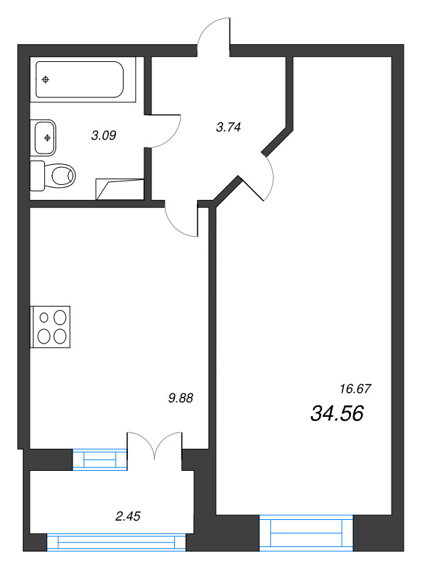 1-комнатная квартира, 34.56 м² - планировка, фото №1