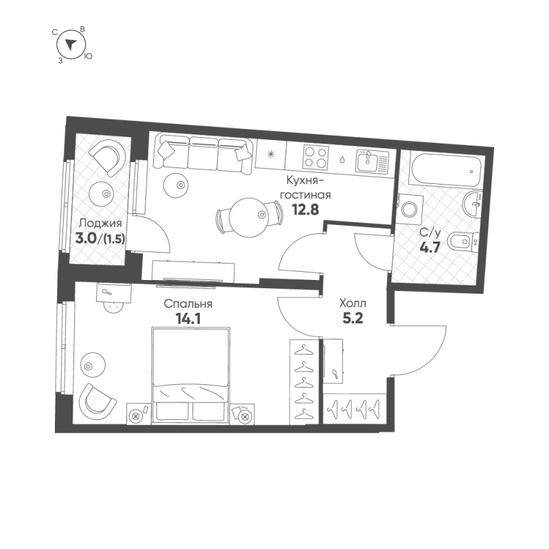 1-комнатная квартира, 38.3 м² в ЖК "Ягодное Река Парк" - планировка, фото №1