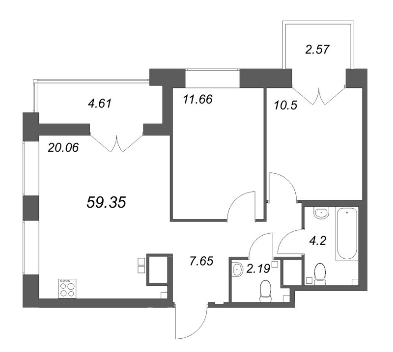 3-комнатная (Евро) квартира, 59.35 м² - планировка, фото №1