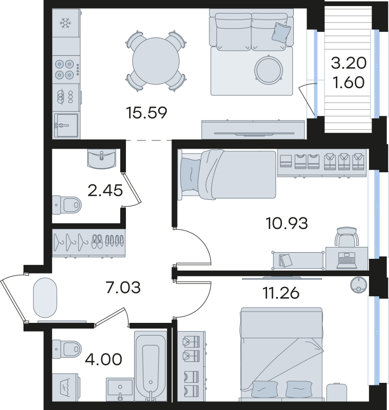 3-комнатная (Евро) квартира, 52.86 м² в ЖК "Парголово" - планировка, фото №1