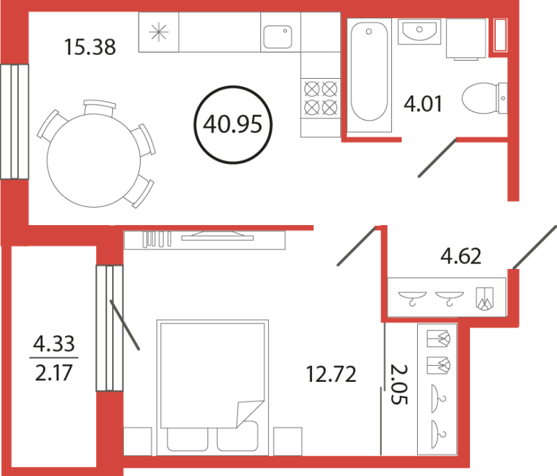 2-комнатная (Евро) квартира, 40.95 м² в ЖК "Энфилд" - планировка, фото №1