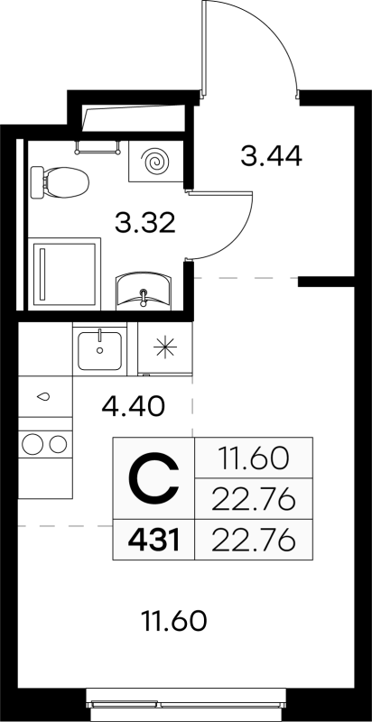 Квартира-студия, 22.76 м² - планировка, фото №1